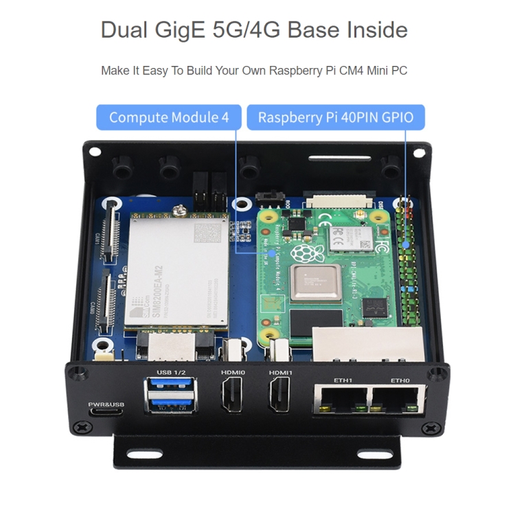 Waveshare Dual Gigabit Ethernet 5G/4G Computer Box with Cooling Fan for Raspberry Pi CM4 (EU Plug) - B2