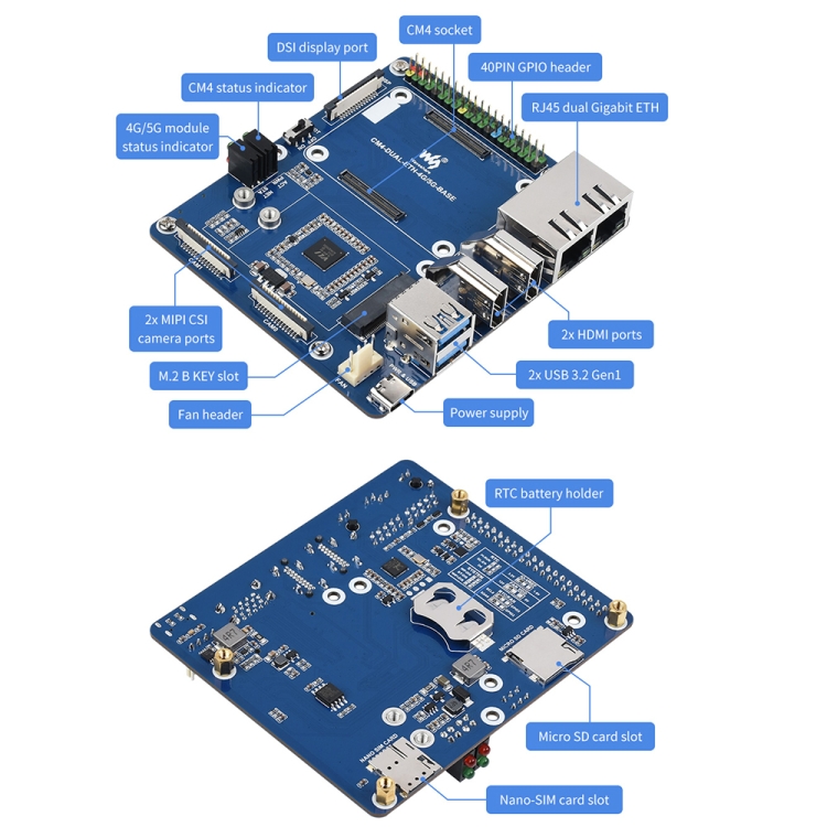Waveshare Dual Gigabit Ethernet 5G/4G Computer Box with Cooling Fan for Raspberry Pi CM4 (EU Plug) - B4