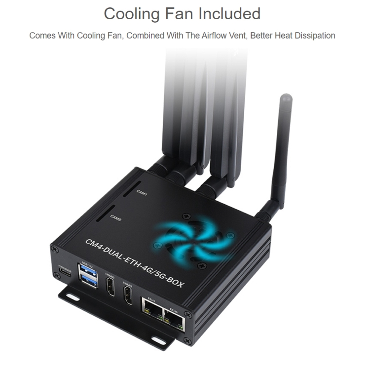 Waveshare Dual Gigabit Ethernet 5G/4G Computer Box with Cooling Fan for Raspberry Pi CM4 (EU Plug) - B5