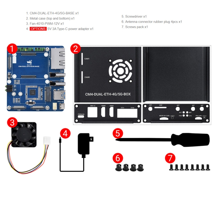 Waveshare Dual Gigabit Ethernet 5G/4G Computer Box with Cooling Fan for Raspberry Pi CM4 (EU Plug) - B8