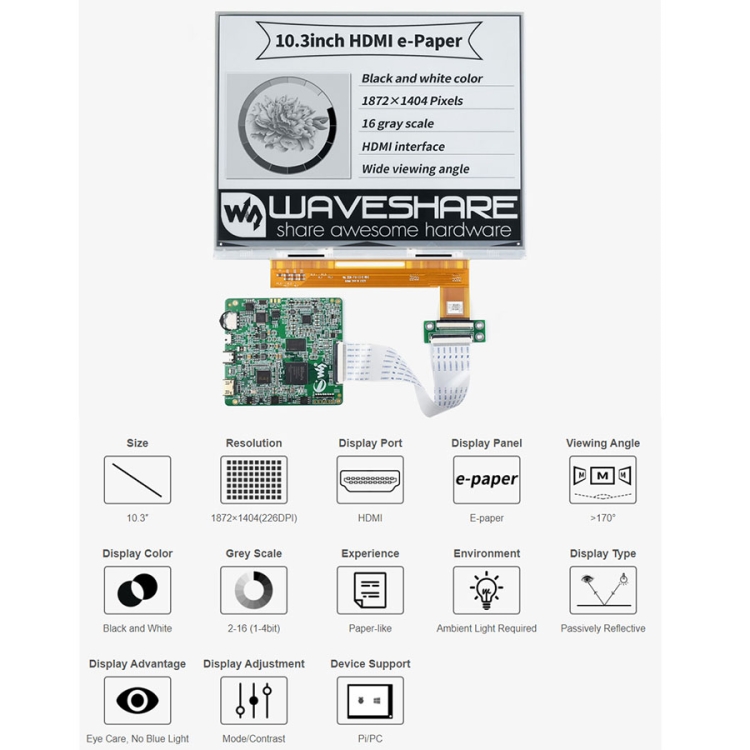 Waveshare 10.3 inch 1872 x 1404 E-Paper E-Ink Display, HDMI-compatible Interface - 1