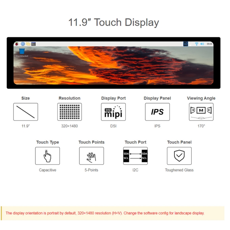 waveshare 11.9inch Capacitive Touch Display Compatible with Raspberry Pi  4B/3B+/3A+/CM3/3+/4 320×1480 Resolution IPS DSI Interface