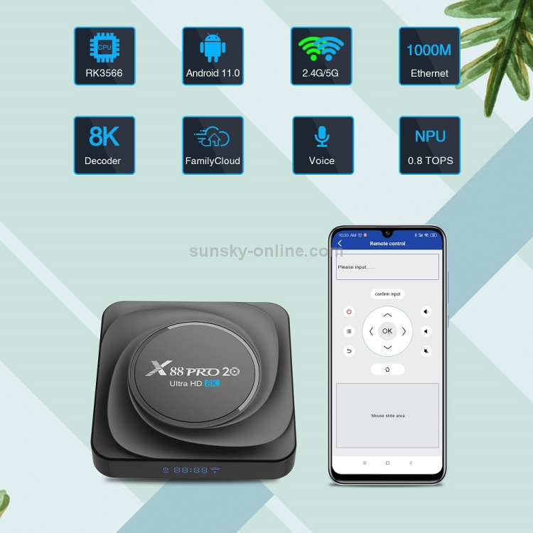 X88 PRO 20 4K Smart TV Box Android 11.0 Media Player con control remoto infrarrojo, RK3566 cuádruple 64bit Cortex-A55 hasta 1.8GHz, RAM: 4GB, ROM: 32GB, WIFI de la banda dual de soporte, Bluetooth, Ethernet, Tapón de EE. UU. - B5