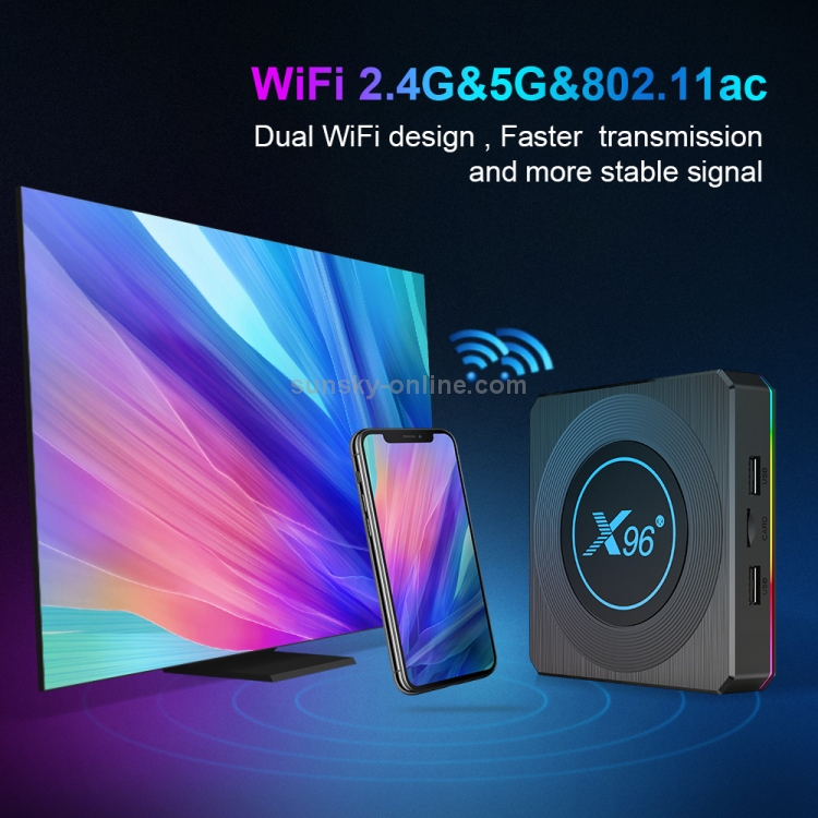 X96 X4 8K Smart TV Caja Android 11.0 Reproductor de medios con control remoto, AMLOGIC S905X4 Brazo de cuádruple Cortex A55, RAM: 4GB, ROM: 64 GB, Soporte 1000m, WiFi de doble banda, Bluetooth, Tapón de EE. UU. - B5