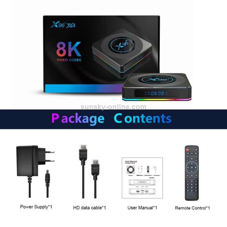 X96 X4 8K Smart TV Caja Android 11.0 Reproductor de medios con control remoto, AMLOGIC S905X4 Brazo de cuádruple Cortex A55, RAM: 4GB, ROM: 64 GB, Soporte 1000m, WiFi de doble banda, Bluetooth, Tapón de EE. UU. - B9