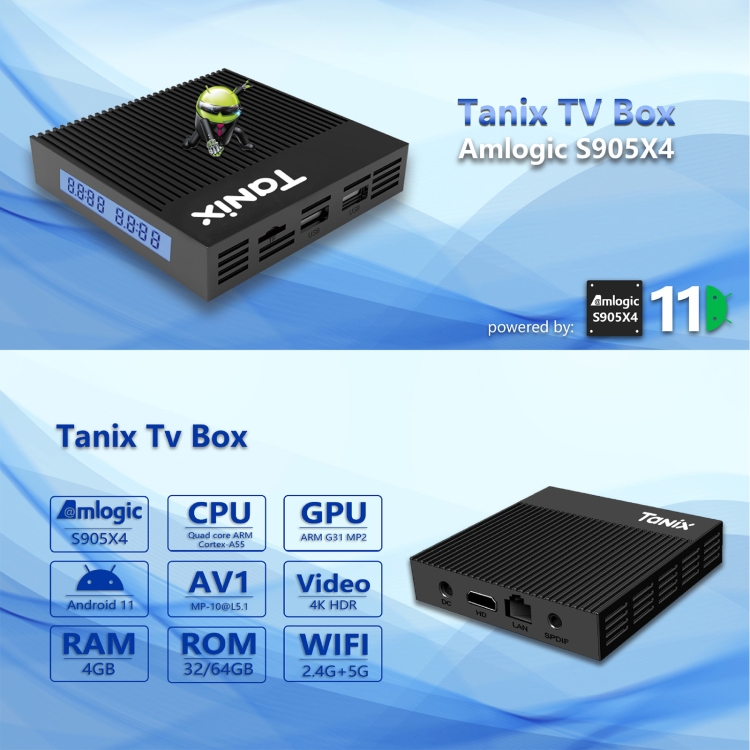 Tanix X4 Android 11 Smart TV Box, Amlogic S905X4 Quad Core, 4 GB + 64 GB, Wi-Fi dual, BT (enchufe de Reino Unido) - B3
