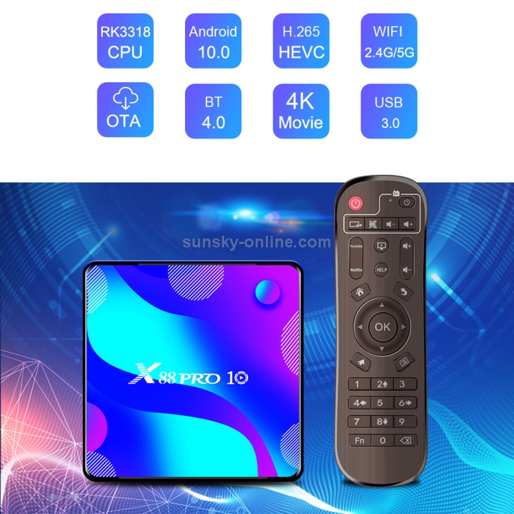 X88 Pro 10 4K Ultra HD Android TV Box con control remoto, Android 10.0, RK3318 Quad-Core 64bit Cortex-A53, 4GB + 128GB, compatible con Bluetooth / WiFi de doble banda / Tarjeta TF / USB / AV / Ethernet (enchufe AU) - 5