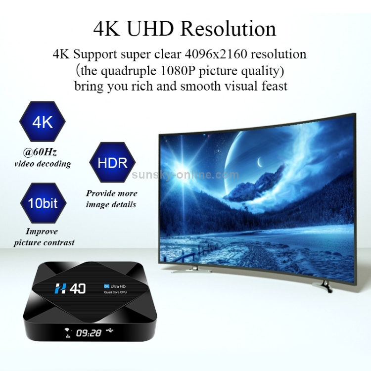 H40 4K Ultra HD Smart TV BOX Android 10.0 Media Player con control remoto, Quad-core, RAM: 4GB, ROM: 32GB (enchufe de Reino Unido) - 6
