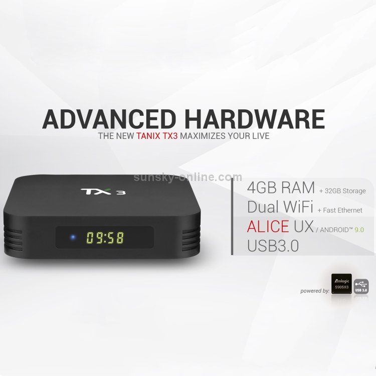 TANIX TX3 4K Smart TV BOX Android 9.0 Media Player con control remoto, Quad Core Amlogic S905X3, RAM: 4GB, ROM: 32GB, 2.4GHz/5GHz WiFi, Bluetooth, enchufe de EE. UU. - B5