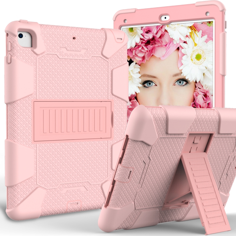 Shockproof Two-color Silicone Protection Shell for iPad 9.7(2018) & 9.7(2017) & Air 2, with Holder(Rose Gold)