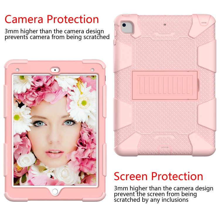Shockproof Two-color Silicone Protection Shell for iPad 9.7(2018) & 9.7(2017) & Air 2, with Holder(Rose Gold)