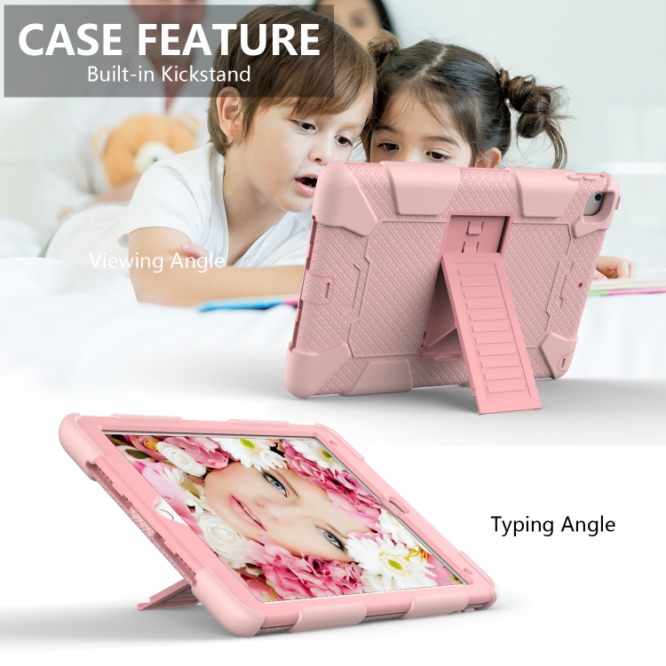 Shockproof Two-color Silicone Protection Shell for iPad 9.7(2018) & 9.7(2017) & Air 2, with Holder(Rose Gold)