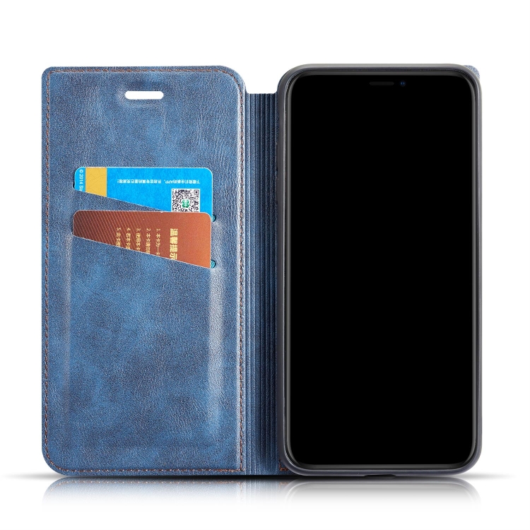 Retro Simple Ultra-thin Magnetic Leather Case with Holder & Card Slots & Lanyard for iPhone 11 Pro Max(Blue)