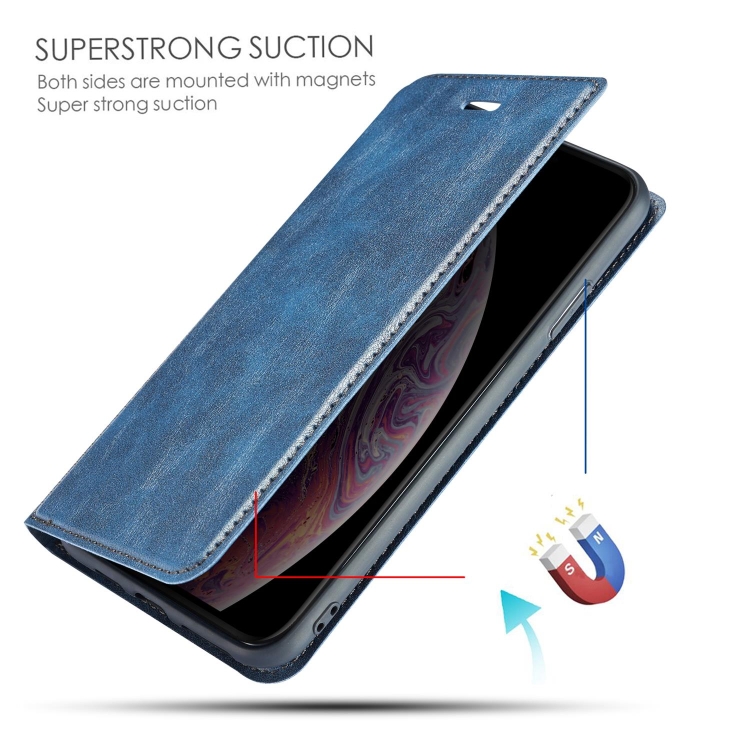 Retro Simple Ultra-thin Magnetic Leather Case with Holder & Card Slots & Lanyard for iPhone 11 Pro Max(Blue)