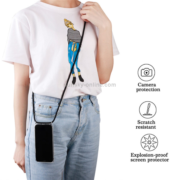 Four-Corner Anti-Fall Trasparent TPU Mobile Phone Case With Lanyard for iPhone 11 Pro Max(Black)