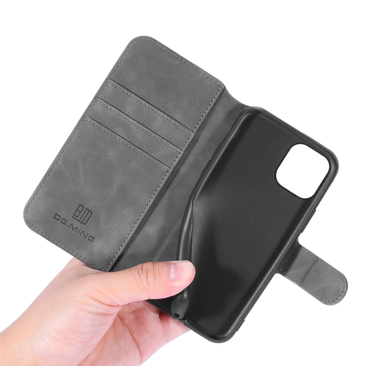 DG.MING Retro Oil Side Horizontal Flip Case with Holder & Card Slots & Wallet for iPhone 11 Pro(Grey)