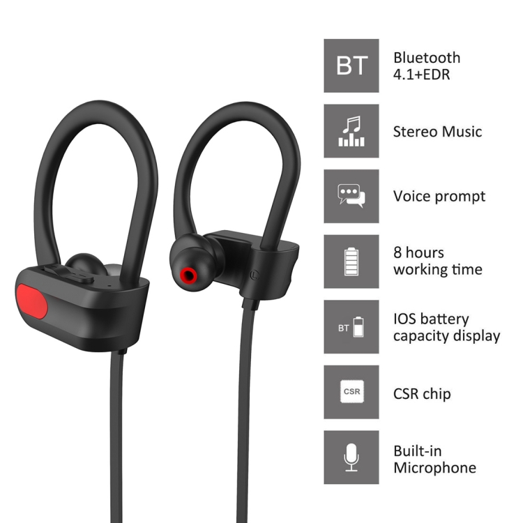 A6 Bluetooth 4.1 Stereo Sports Bluetooth Earphone with Red Oval Button, Support Voice Dialing & IOS Battery Display & Smart Voice Prompt & Call A6 Bluetooth 4.1 Stereo Sports Bluetooth Earphone with Red Oval Button, Support Voice Dialing & IOS Battery Display & Smart Voice Prompt & Call