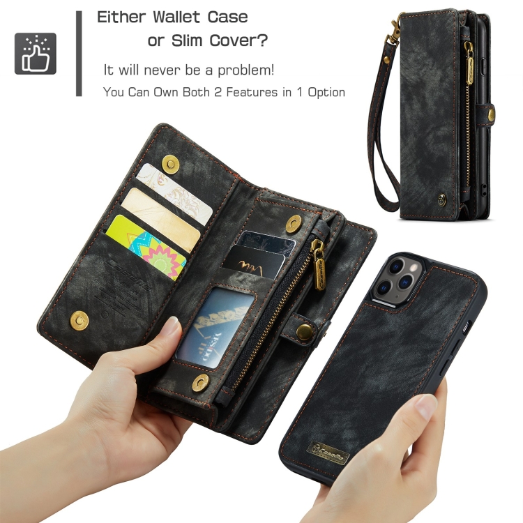 CaseMe iPhone 13 Pro Max 2 in1 Detachable Leather Zipper Wallet Case Black