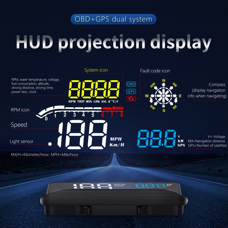 Voiture HUD Compteur de vitesse Projecteur 5 Affichage Tête Haute OBD2  Km/h MPH