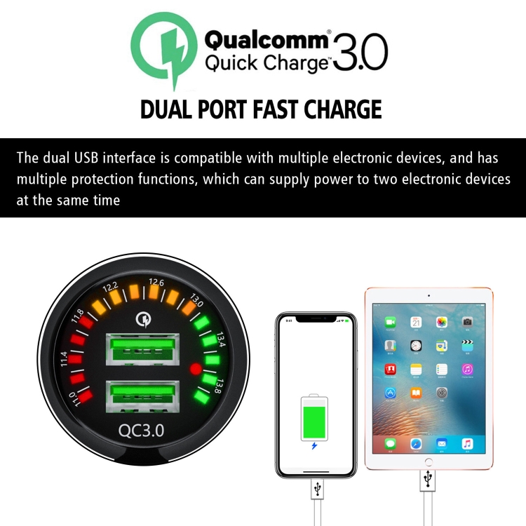 WUPP CS-134A1 Car Dual USB QC3.0 Fast Charger with Color Screen Voltage Display WUPP CS-134A1 Car Dual USB QC3.0 Fast Charger with Color Screen Voltage Display