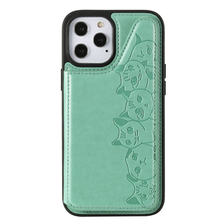 For iPhone 12 Pro Max Six Cats Embossing Pattern Protective Case with Holder & Card Slots & Photo Frame(Green) For iPhone 12 Pro Max Six Cats Embossing Pattern Protective Case with Holder & Card Slots & Photo Frame(Green)