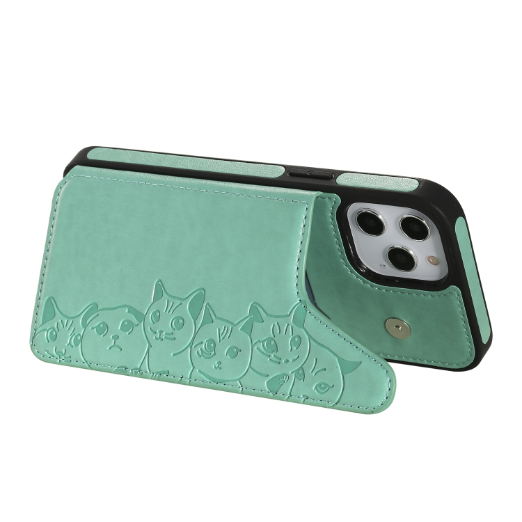 For iPhone 12 Pro Max Six Cats Embossing Pattern Protective Case with Holder & Card Slots & Photo Frame(Green) For iPhone 12 Pro Max Six Cats Embossing Pattern Protective Case with Holder & Card Slots & Photo Frame(Green)