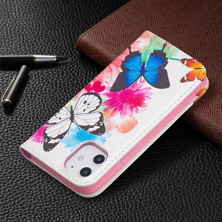 Dành cho iPhone 12 mini Hình vẽ Màu Từ tính Vô hình Bao da PU lật ngang có  Giá đỡ & Khe cắm thẻ & Ví (Hai con bướm)