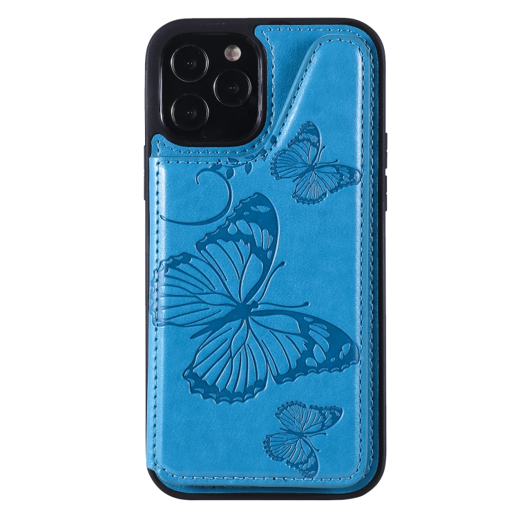 For iPhone 12 / 12 Pro Butterfly Embossing Pattern Shockproof Protective Case with Holder & Card Slots & Photo Frame(Blue) For iPhone 12 / 12 Pro Butterfly Embossing Pattern Shockproof Protective Case with Holder & Card Slots & Photo Frame(Blue)