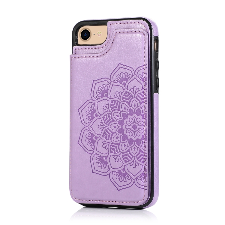 For iPhone SE 2022 / SE 2020 / 8 / 7 Double Buckle Mandala Pattern PU+TPU Protective Case with Card Slots & Holder & Photo Frame(Purple) For iPhone SE 2022 / SE 2020 / 8 / 7 Double Buckle Mandala Pattern PU+TPU Protective Case with Card Slots & Holder & Photo Frame(Purple)
