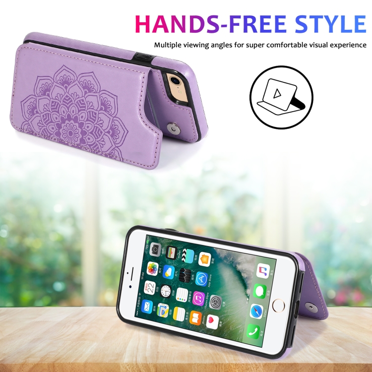 For iPhone SE 2022 / SE 2020 / 8 / 7 Double Buckle Mandala Pattern PU+TPU Protective Case with Card Slots & Holder & Photo Frame(Purple) For iPhone SE 2022 / SE 2020 / 8 / 7 Double Buckle Mandala Pattern PU+TPU Protective Case with Card Slots & Holder & Photo Frame(Purple)