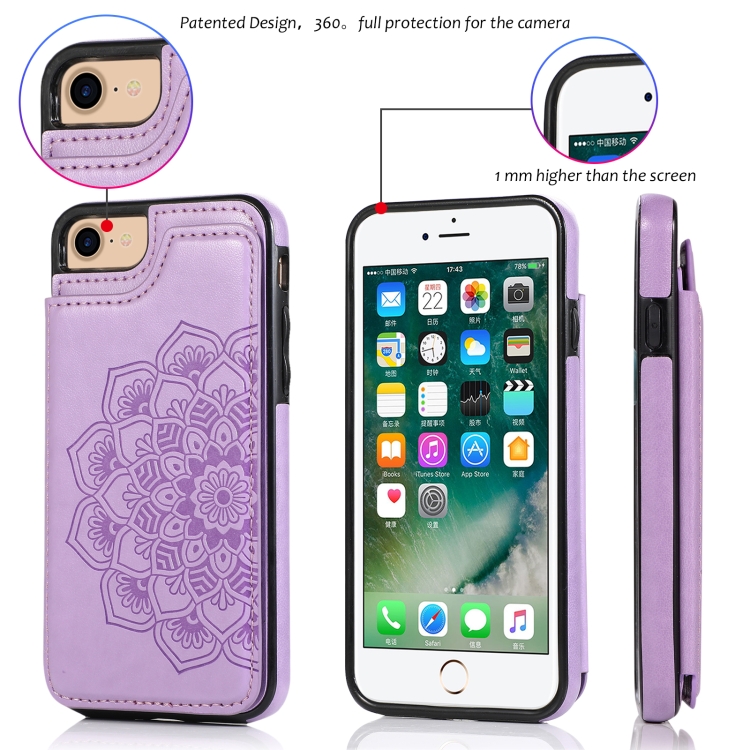 For iPhone SE 2022 / SE 2020 / 8 / 7 Double Buckle Mandala Pattern PU+TPU Protective Case with Card Slots & Holder & Photo Frame(Purple) For iPhone SE 2022 / SE 2020 / 8 / 7 Double Buckle Mandala Pattern PU+TPU Protective Case with Card Slots & Holder & Photo Frame(Purple)