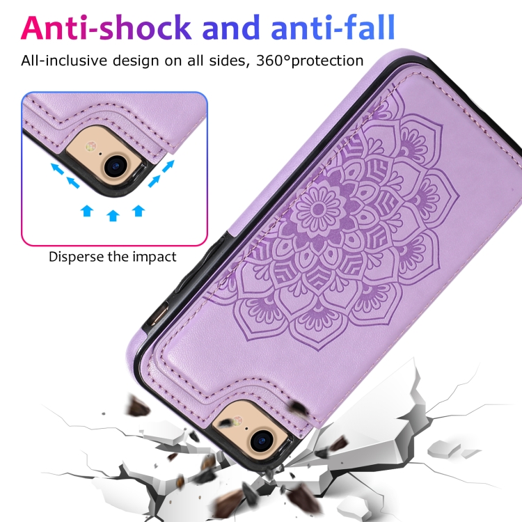 For iPhone SE 2022 / SE 2020 / 8 / 7 Double Buckle Mandala Pattern PU+TPU Protective Case with Card Slots & Holder & Photo Frame(Purple) For iPhone SE 2022 / SE 2020 / 8 / 7 Double Buckle Mandala Pattern PU+TPU Protective Case with Card Slots & Holder & Photo Frame(Purple)