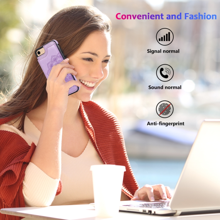 For iPhone SE 2022 / SE 2020 / 8 / 7 Double Buckle Mandala Pattern PU+TPU Protective Case with Card Slots & Holder & Photo Frame(Purple) For iPhone SE 2022 / SE 2020 / 8 / 7 Double Buckle Mandala Pattern PU+TPU Protective Case with Card Slots & Holder & Photo Frame(Purple)