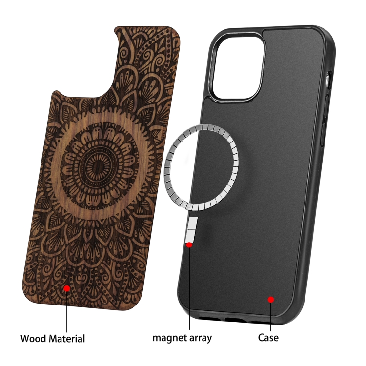 For iPhone 12 Pro Max Wood Veneer Mandala Embossed Magsafe Case Magnetic TPU Shockproof Case(Rosewood) For iPhone 12 Pro Max Wood Veneer Mandala Embossed Magsafe Case Magnetic TPU Shockproof Case(Rosewood)
