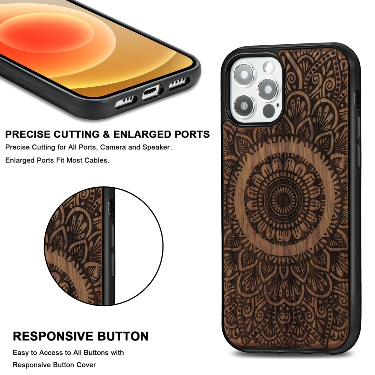 For iPhone 12 Pro Max Wood Veneer Mandala Embossed Magsafe Case Magnetic TPU Shockproof Case(Rosewood) For iPhone 12 Pro Max Wood Veneer Mandala Embossed Magsafe Case Magnetic TPU Shockproof Case(Rosewood)
