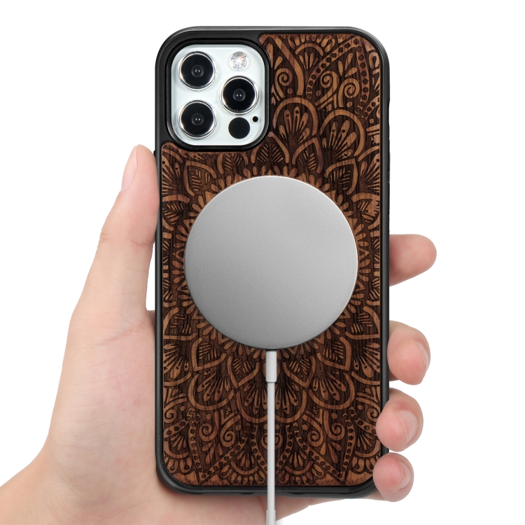 For iPhone 12 Pro Max Wood Veneer Mandala Embossed Magsafe Case Magnetic TPU Shockproof Case(Rosewood) For iPhone 12 Pro Max Wood Veneer Mandala Embossed Magsafe Case Magnetic TPU Shockproof Case(Rosewood)