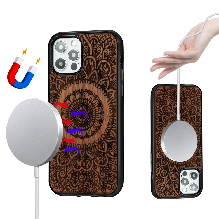 For iPhone 12 Pro Max Wood Veneer Mandala Embossed Magsafe Case Magnetic TPU Shockproof Case(Rosewood) For iPhone 12 Pro Max Wood Veneer Mandala Embossed Magsafe Case Magnetic TPU Shockproof Case(Rosewood)