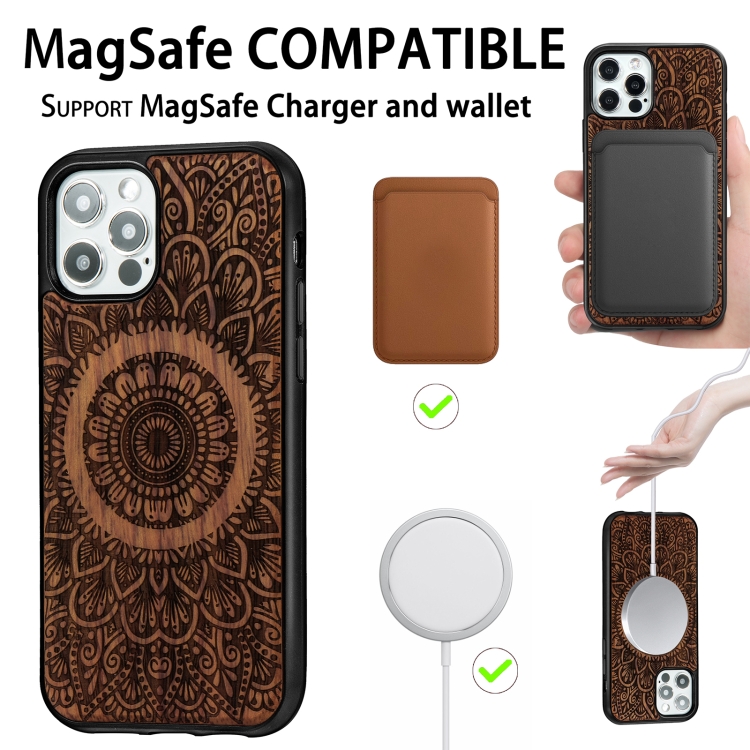 For iPhone 12 Pro Max Wood Veneer Mandala Embossed Magsafe Case Magnetic TPU Shockproof Case(Rosewood) For iPhone 12 Pro Max Wood Veneer Mandala Embossed Magsafe Case Magnetic TPU Shockproof Case(Rosewood)