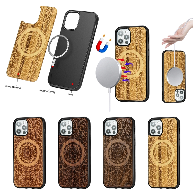 For iPhone 12 Pro Max Wood Veneer Mandala Embossed Magsafe Case Magnetic TPU Shockproof Case(Rosewood) For iPhone 12 Pro Max Wood Veneer Mandala Embossed Magsafe Case Magnetic TPU Shockproof Case(Rosewood)