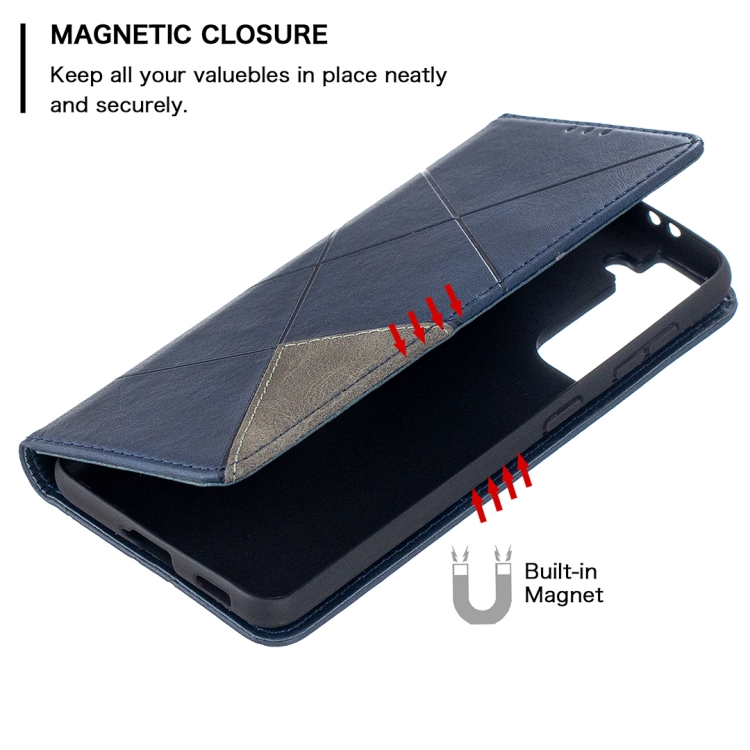 For Samsung Galaxy S21 5G Rhombus Texture Horizontal Flip Magnetic Leather Case with Holder & Card Slots(Blue) For Samsung Galaxy S21 5G Rhombus Texture Horizontal Flip Magnetic Leather Case with Holder & Card Slots(Blue)