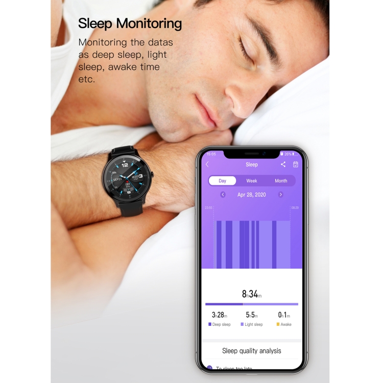 G28 Reloj inteligente a prueba de agua con pantalla TFT a color de 1,28 pulgadas IP68, compatible con monitor de sueño / monitor de frecuencia cardíaca / monitor de presión arterial (negro) - B14
