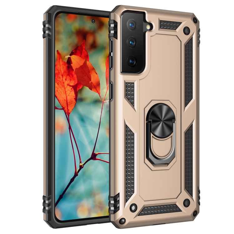 For Samsung Galaxy S21 5G Shockproof TPU + PC Protective Case with 360 Degree Rotating Holder(Gold)