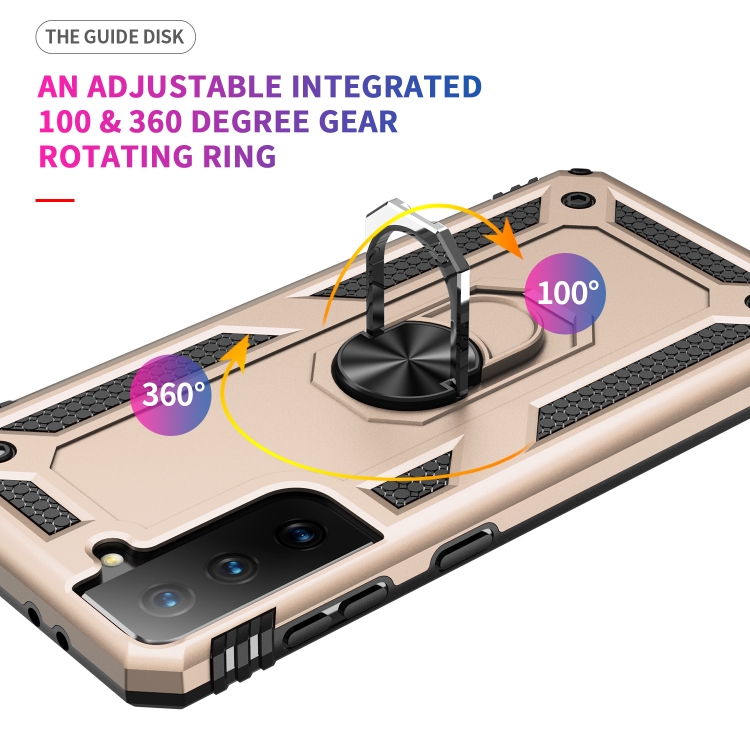 For Samsung Galaxy S21 5G Shockproof TPU + PC Protective Case with 360 Degree Rotating Holder(Gold)