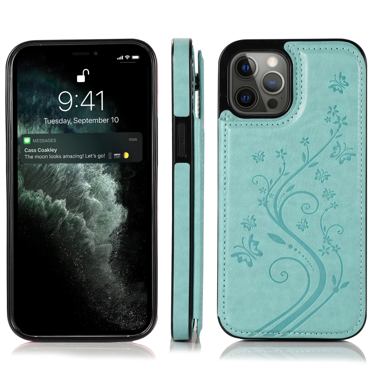 For iPhone 12 / 12 Pro Butterflies Flowers Double Buckle PU + TPU Protective Case with Holder & Card Slots & Photo Frame(Green) For iPhone 12 / 12 Pro Butterflies Flowers Double Buckle PU + TPU Protective Case with Holder & Card Slots & Photo Frame(Green)
