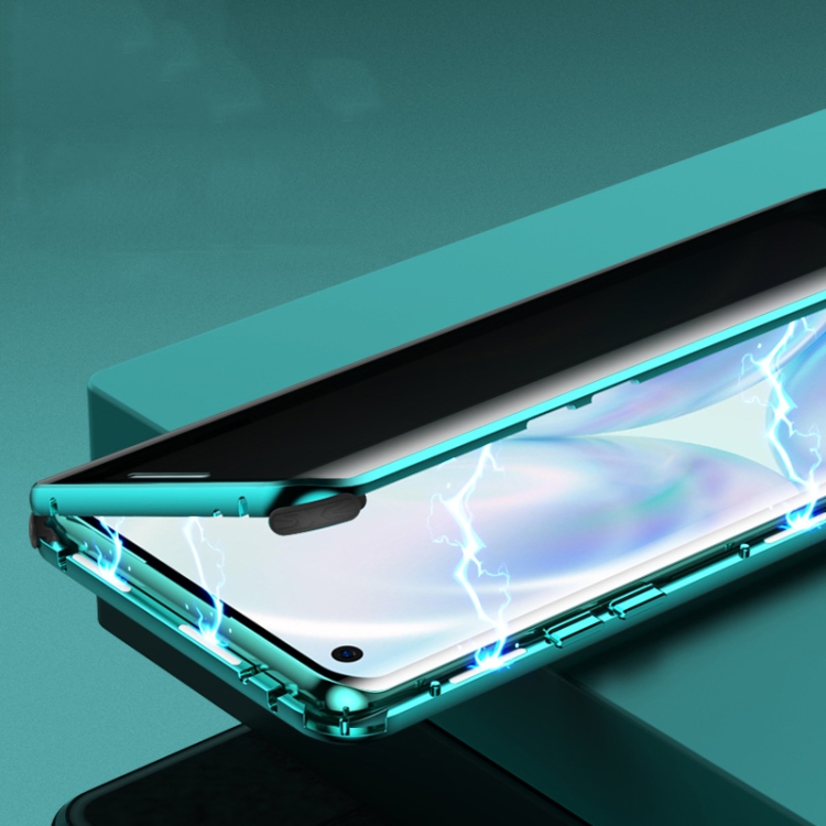 OnePlus 8の場合4コーナー耐衝撃性のぞき見防止磁性金属フレーム両面強化ガラスケース（緑）