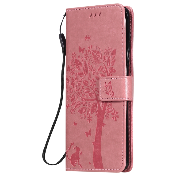 Pour Motorola Edge Tree & Cat Pattern Pressed Printing Étui en cuir PU