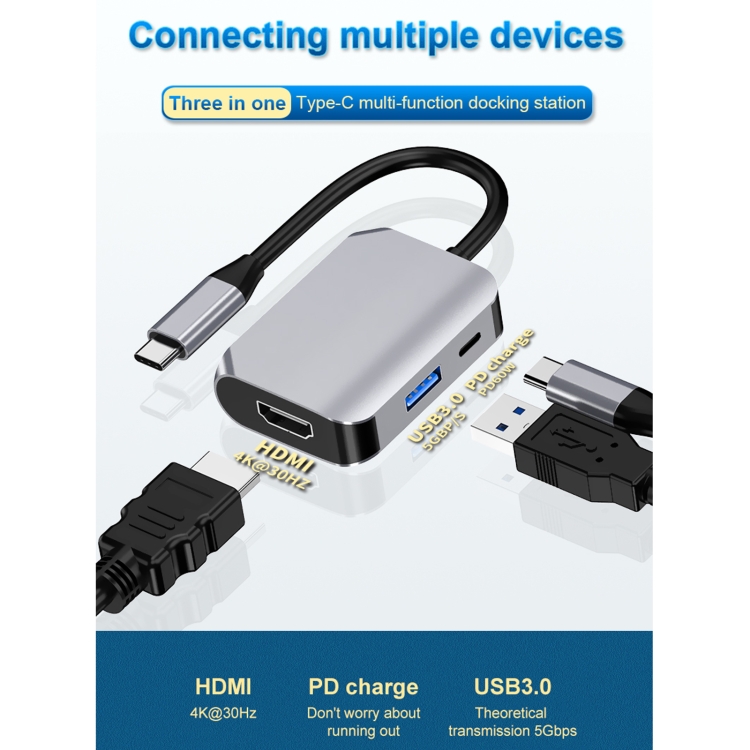 HW-6003 Convertidor de adaptador de estación de acoplamiento 3 en 1 tipo C / USB-C a HDMI + PD + USB 3.0 (gris) - 2