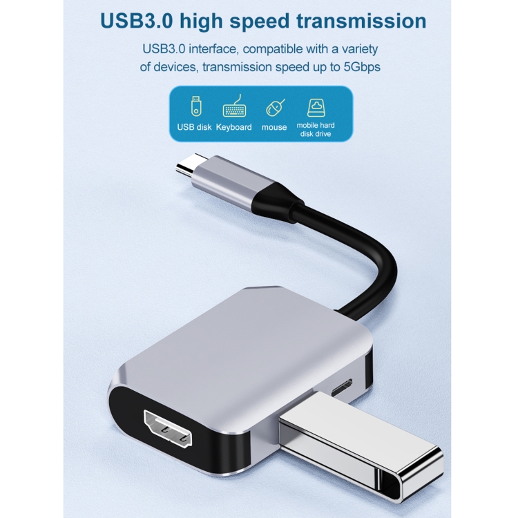 HW-6003 Convertidor de adaptador de estación de acoplamiento 3 en 1 tipo C / USB-C a HDMI + PD + USB 3.0 (gris) - 6