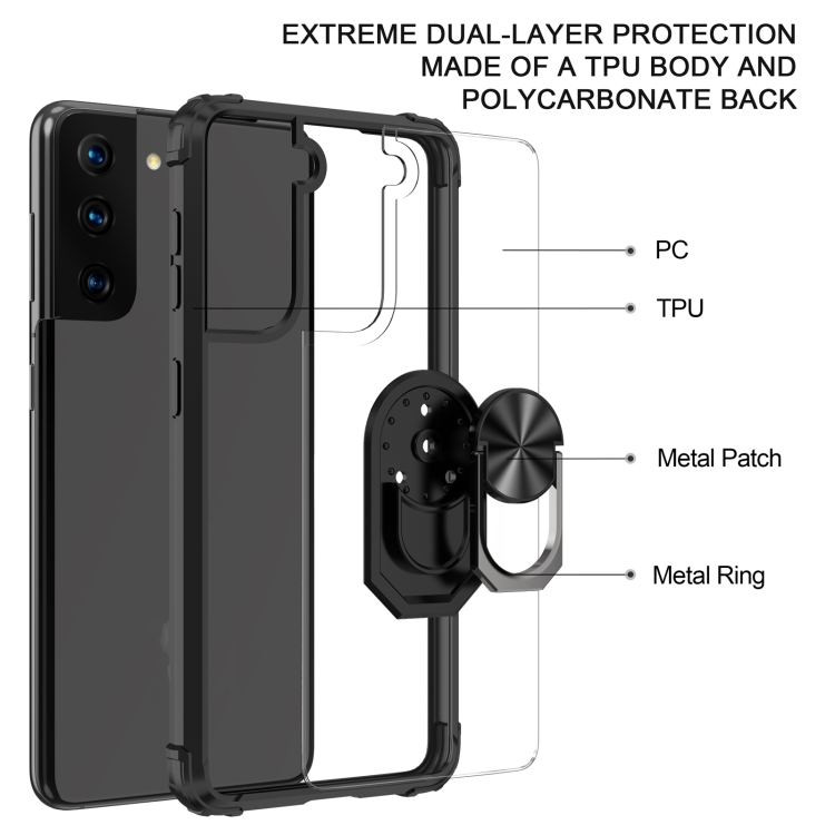 For Samsung Galaxy S21 5G Shockproof Transparent TPU + Acrylic Protective Case with Ring Holder(Black Silver) For Samsung Galaxy S21 5G Shockproof Transparent TPU + Acrylic Protective Case with Ring Holder(Black Silver)