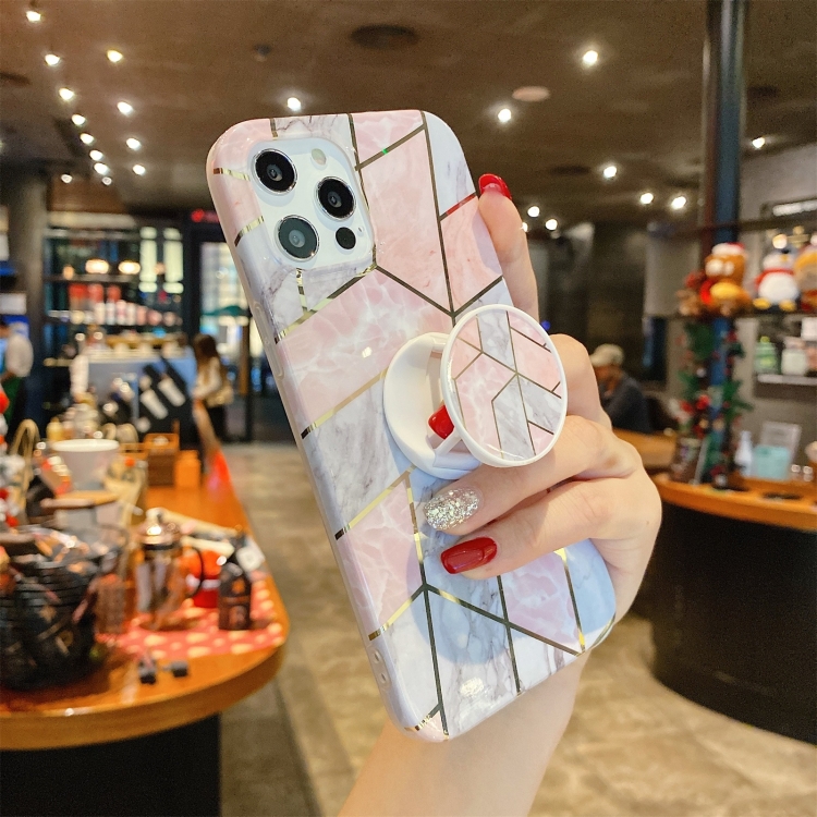 For iPhone 12 Pro Max Splicing Marble Pattern Gilding TPU Protective Case with Foldable Holder(Pink Grey) For iPhone 12 Pro Max Splicing Marble Pattern Gilding TPU Protective Case with Foldable Holder(Pink Grey)